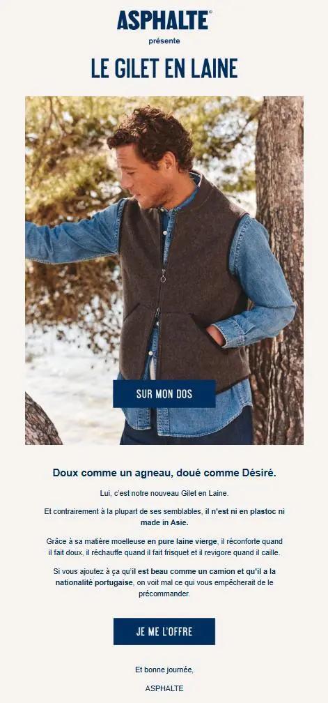 E-mail marketing d’Asphalte présentant un gilet en laine avec un CTA clair et engageant « Je me l’offre », parfaitement aligné avec le ton de la marque.