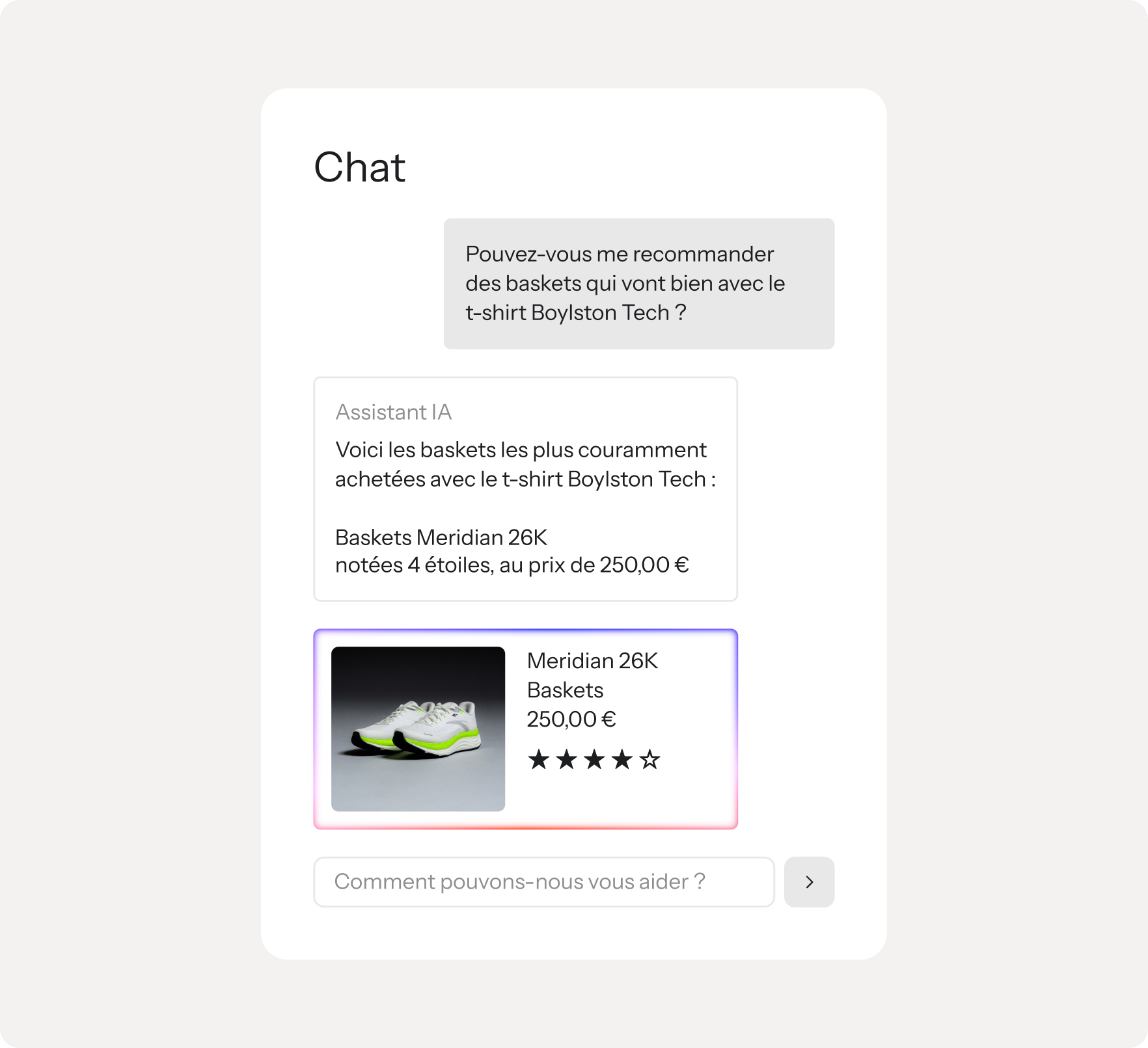 A chat interface showing an AI assistant recommending Meridian 26K sneakers with a 4-star rating for €250.00.