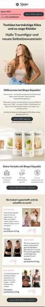 Willkommensmail von Shape Republic mit Rabattangebot, Produktbildern und Erfolgsgeschichten von Kunden.