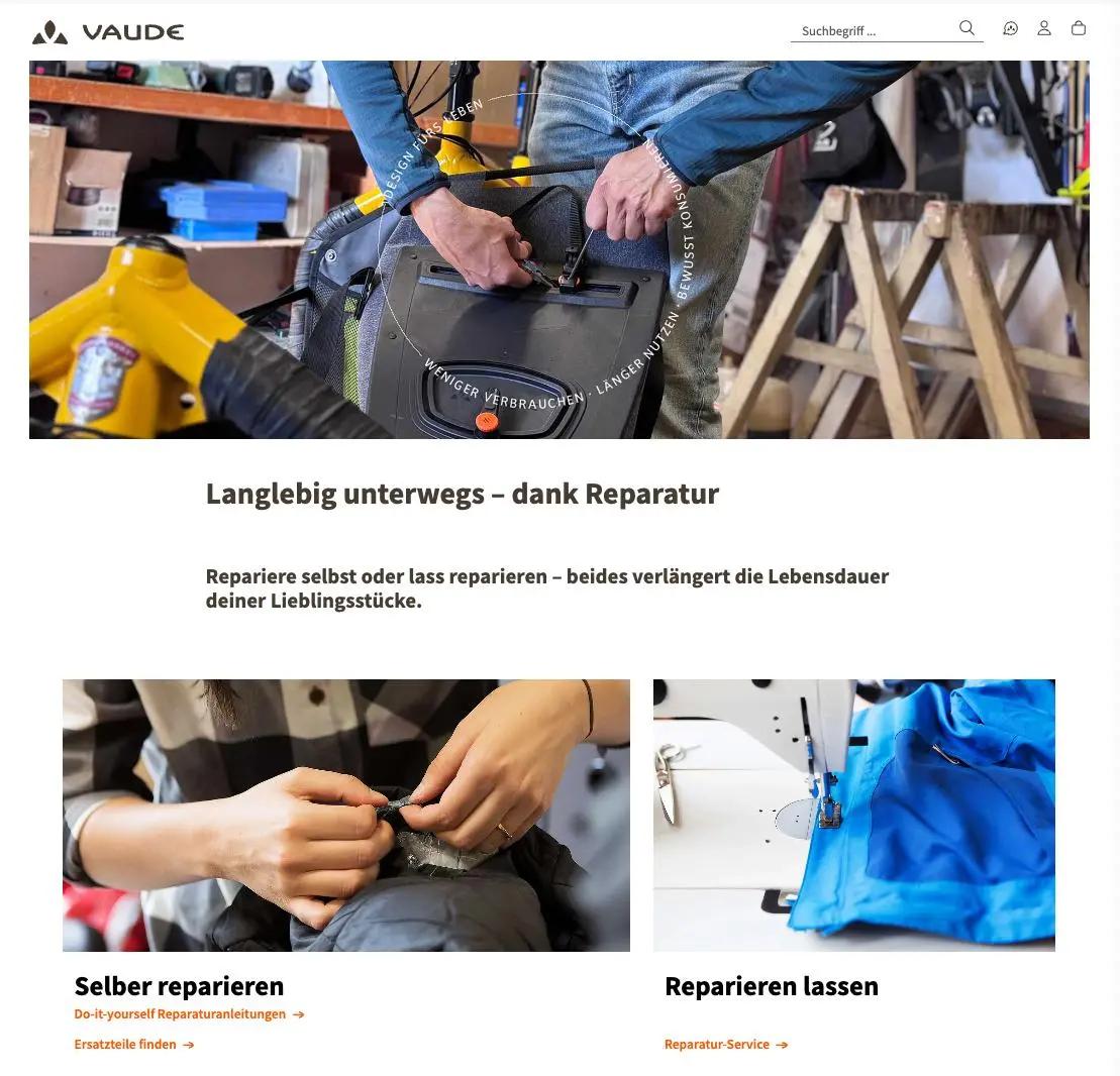 Person repariert einen Rucksack in einer Werkstatt. Text: "Langlebig unterwegs – dank Reparatur". Optionen: "Selber reparieren", "Reparieren lassen".