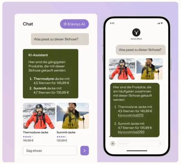 Zwei Smartphone-Bildschirme zeigen einen Chat mit einem KI-Assistenten, der passende Jacken zu einer Skihose empfiehlt.