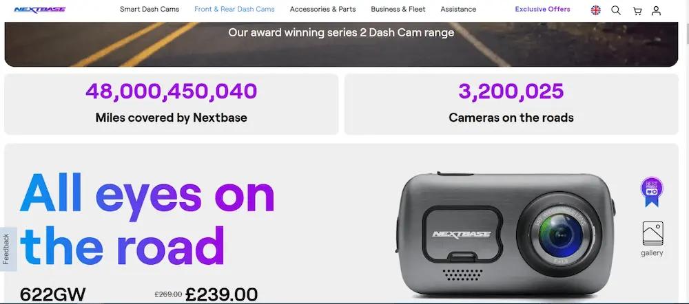 Nextbase website showcasing dash cam with text: "48,000,450,040 Miles covered by Nextbase," "3,200,025 Cameras on the roads," and "All eyes on the road." Price: £239.00.