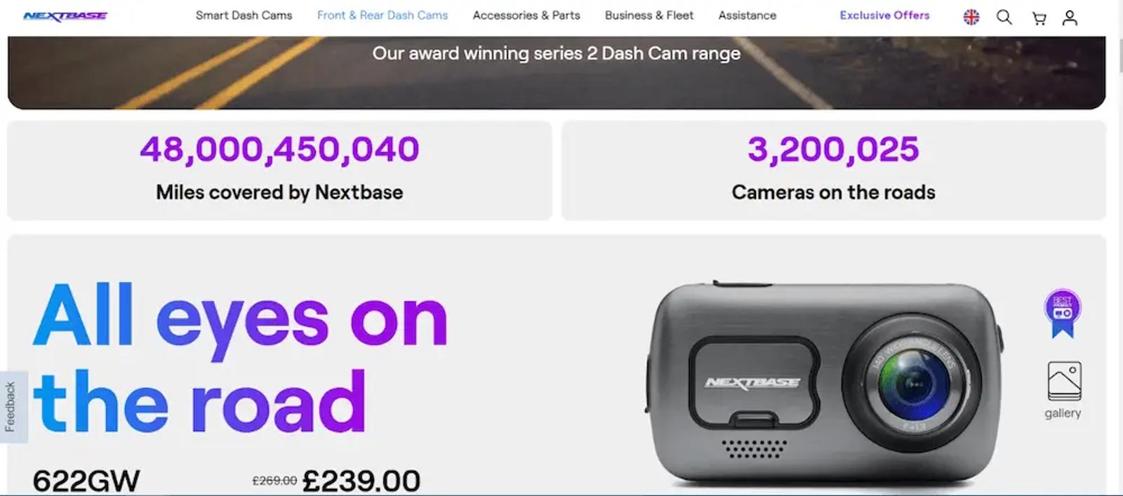 Nextbase website showcasing dash cam with text: "48,000,450,040 Miles covered by Nextbase," "3,200,025 Cameras on the roads," and "All eyes on the road." Price: £239.00.
