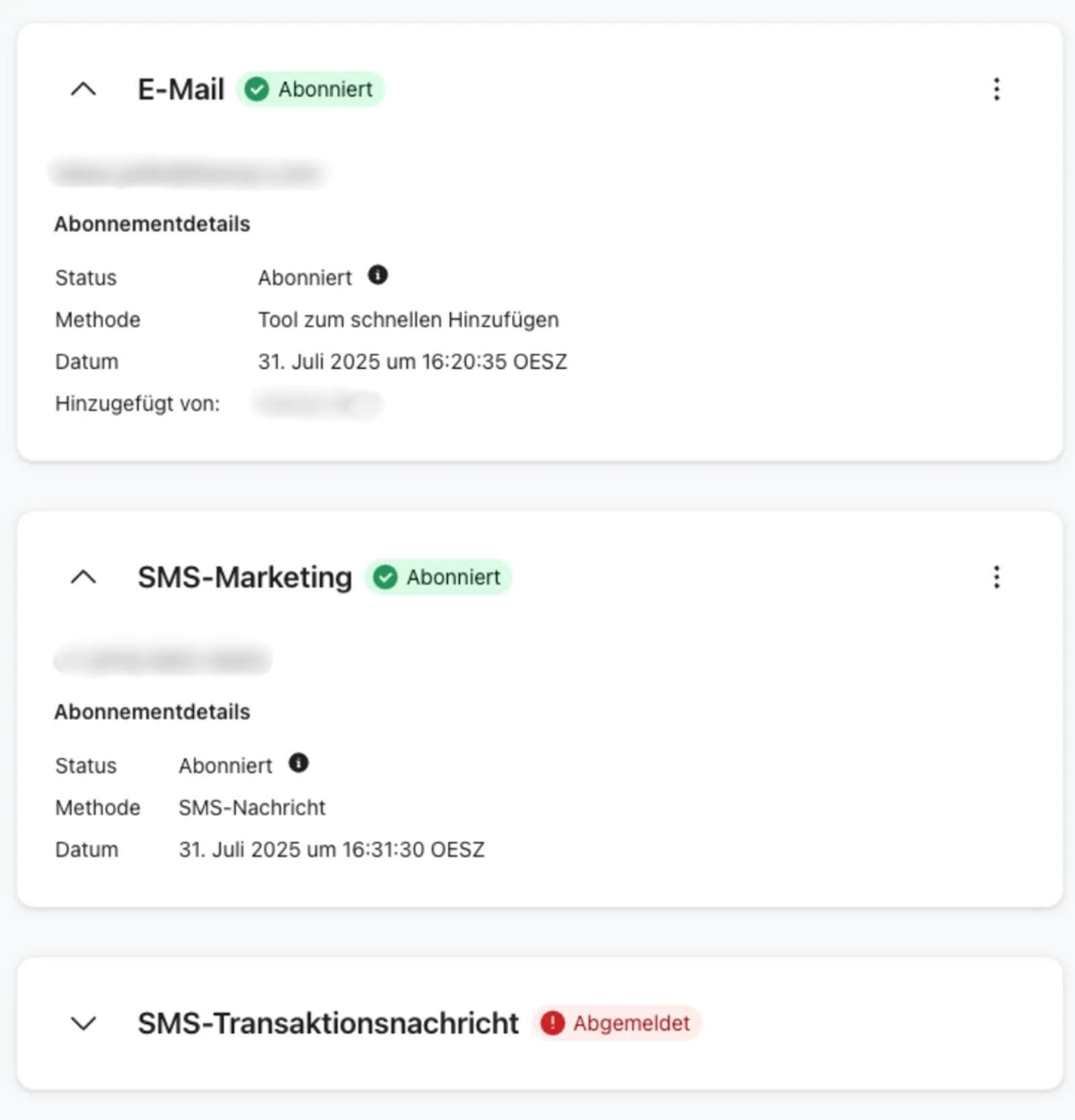 creenshot der Klaviyo-Profilansicht mit Abonnementstatus, Methode und Datum für E-Mail- und SMS-Einwilligungen.