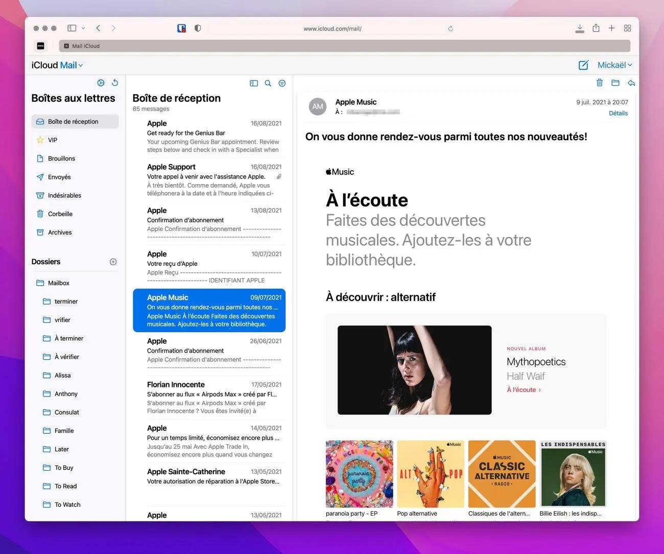 Aperçu de la boite mail iCloud Mail