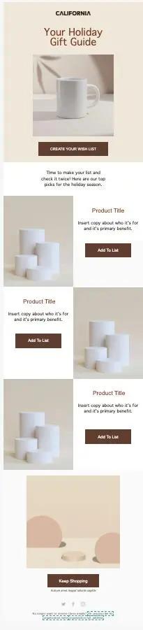 Weihnachtsgeschenk-Guide mit Wunschliste, Produktplatzhaltern und Schaltflächen zum Hinzufügen zur Liste.