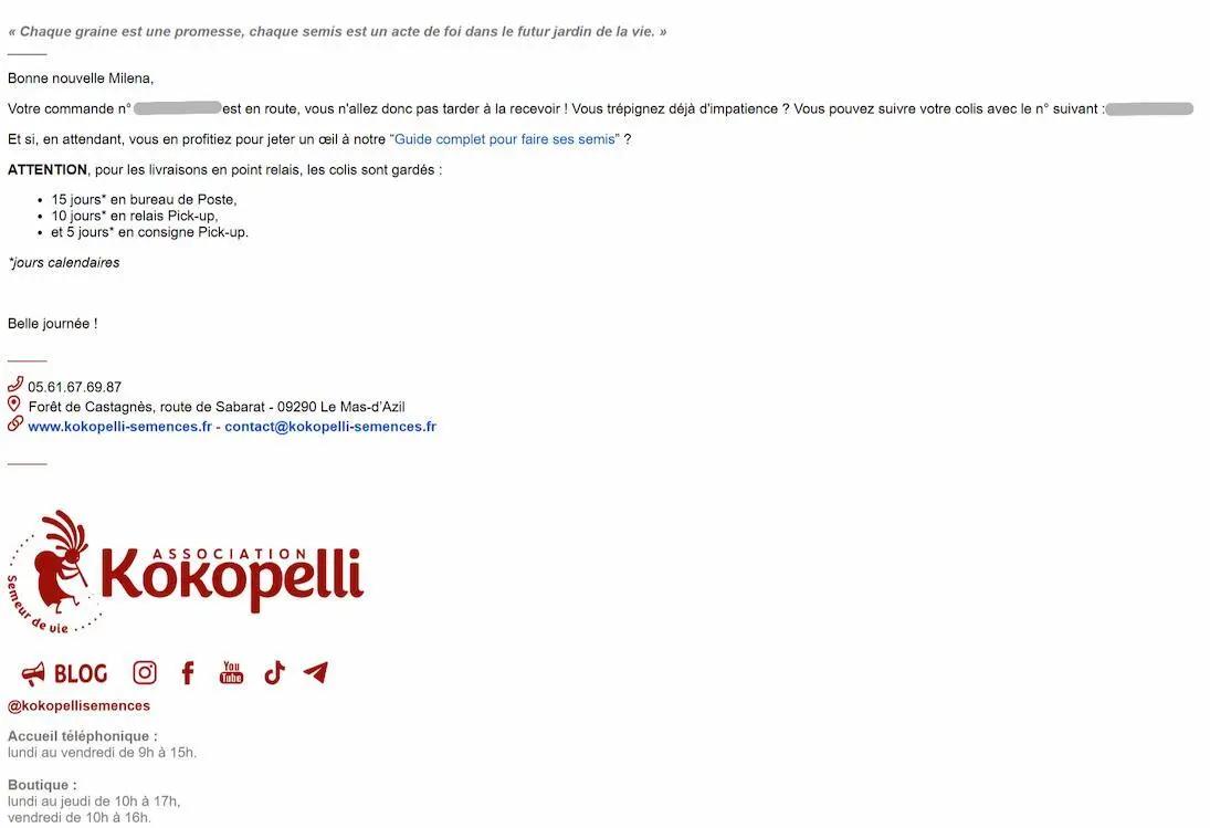 E-mail de Kokopelli incluant un lien vers un guide pratique sur les semis, avec détails de commande et ton chaleureux.