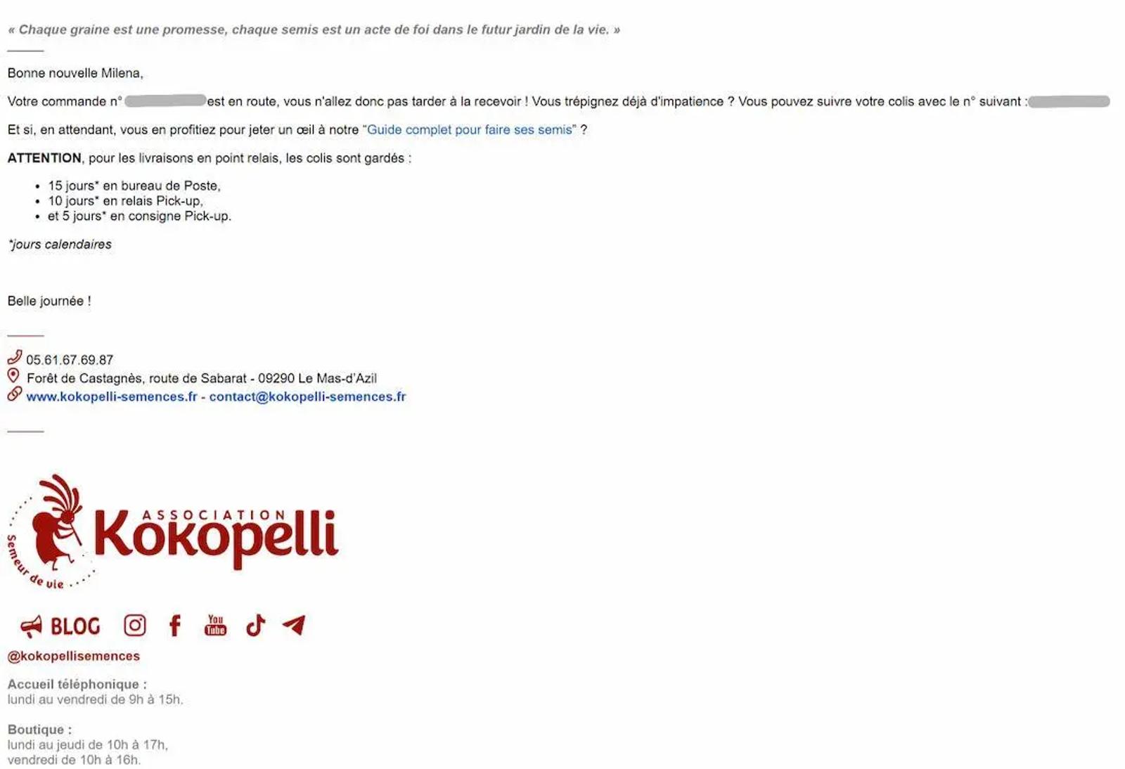 E-mail de Kokopelli incluant un lien vers un guide pratique sur les semis, avec détails de commande et ton chaleureux.