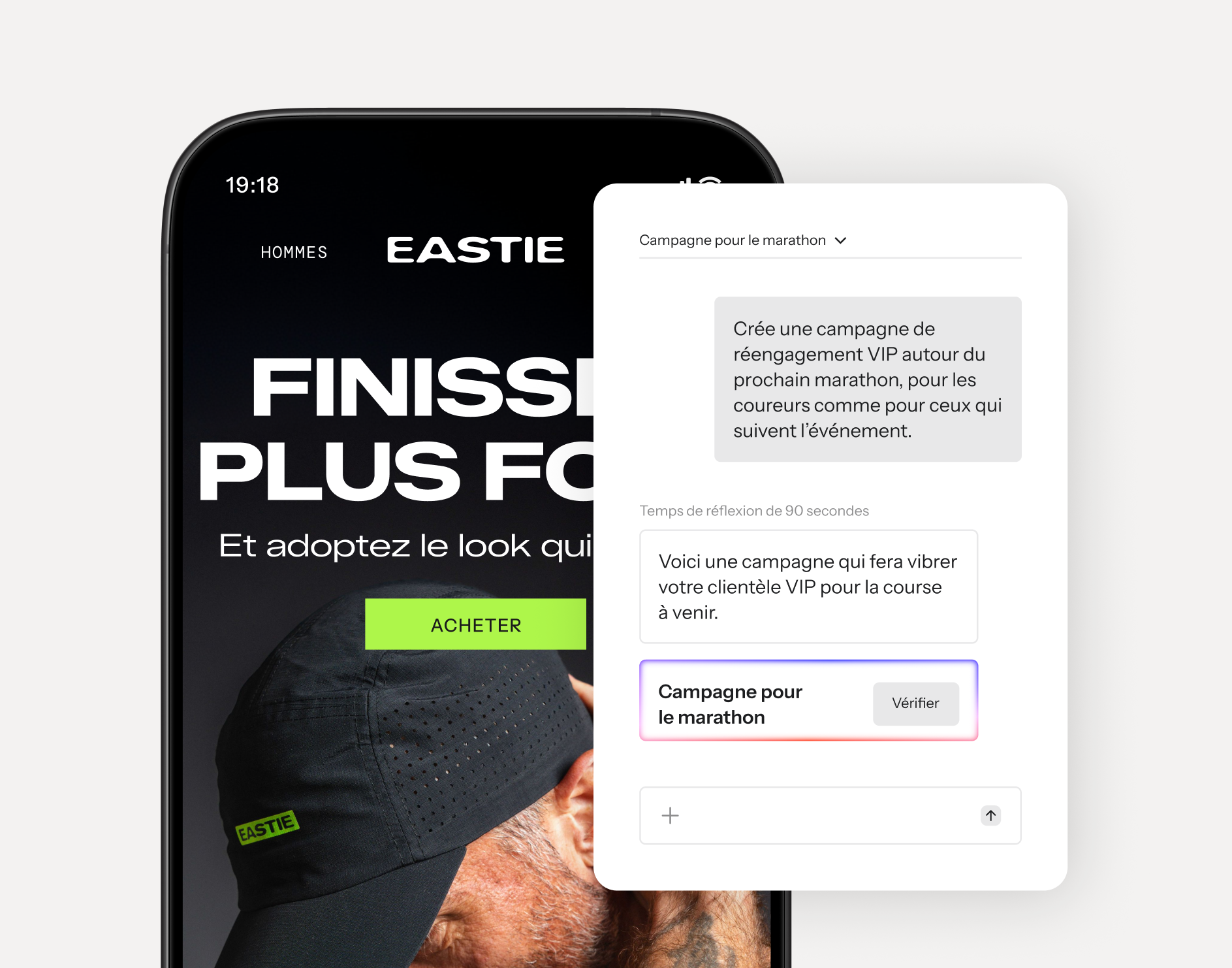 A smartphone displaying a fitness apparel website with an AI-powered pop-up suggesting a "Marathon campaign."