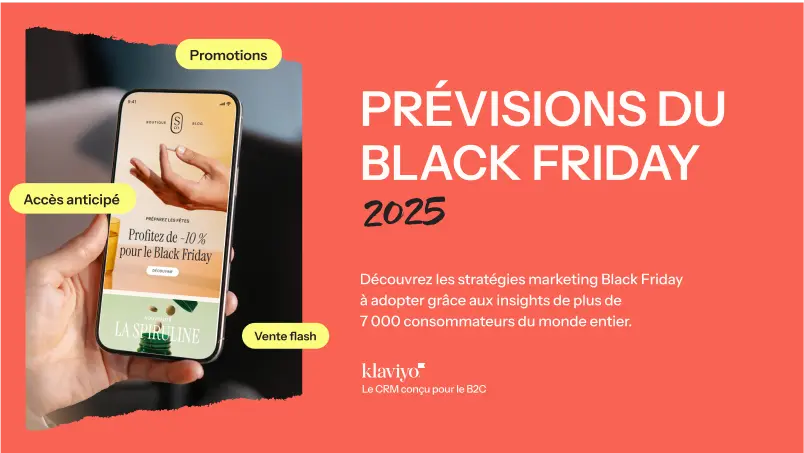 Prévisions du Black Friday 2025 avec smartphone affichant une promo de 10% pour le Black Friday. Texte sur les stratégies marketing.