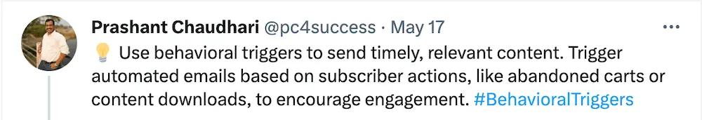 Image shows a tweet advocating for using behavioral triggers to send timely, relevant content.