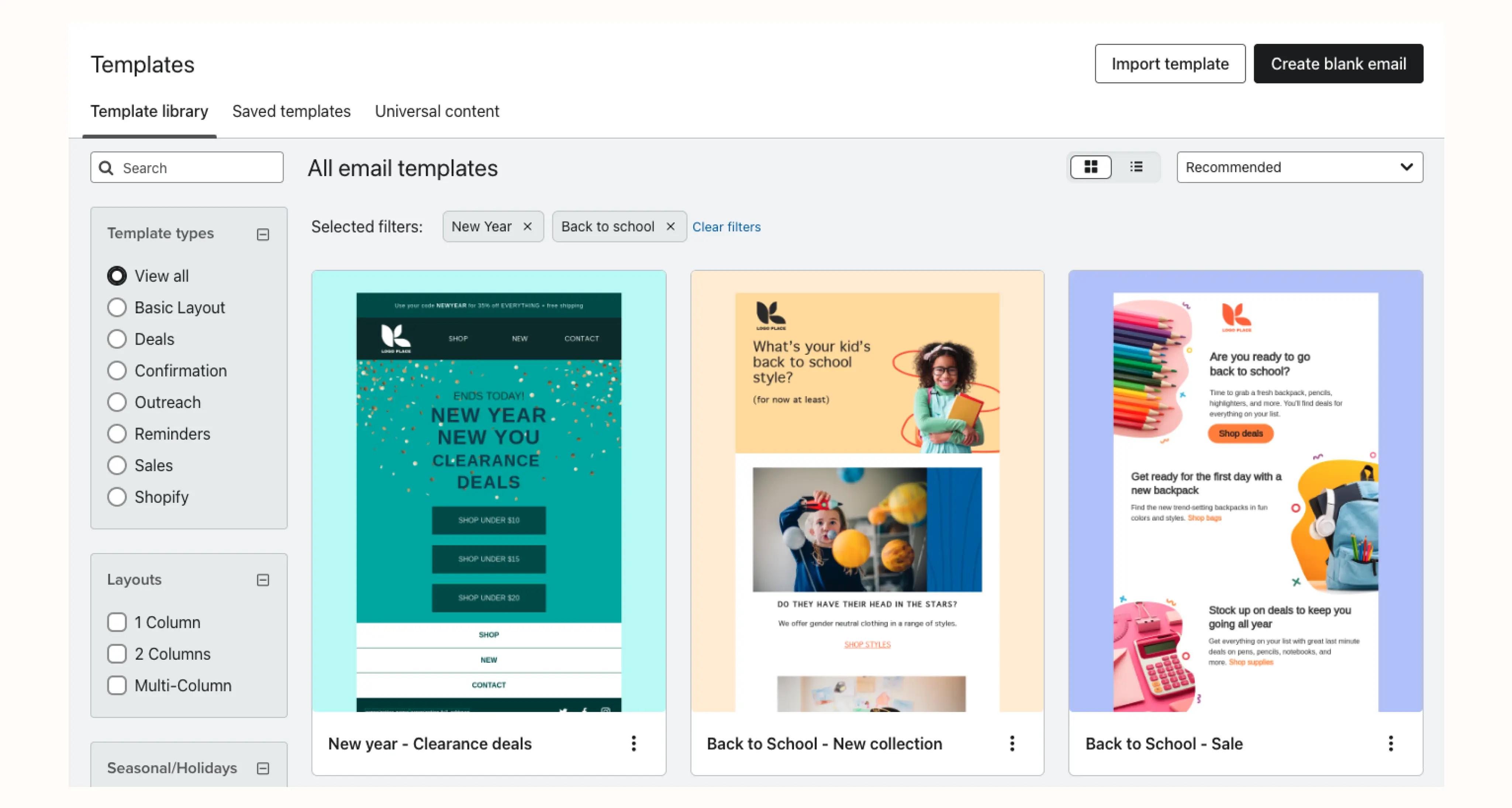 Image shows the Klaviyo email template library. On the left is a menu featuring template types, including basic layout, deals, confirmation, outreach, and more, as well as layout types, including 1 column, 2 column, and multi-column. On the right are 3 colorful template options, one for a New Year’s sale, one for a new back-to-school collection announcement, and one for a back-to-school sale.