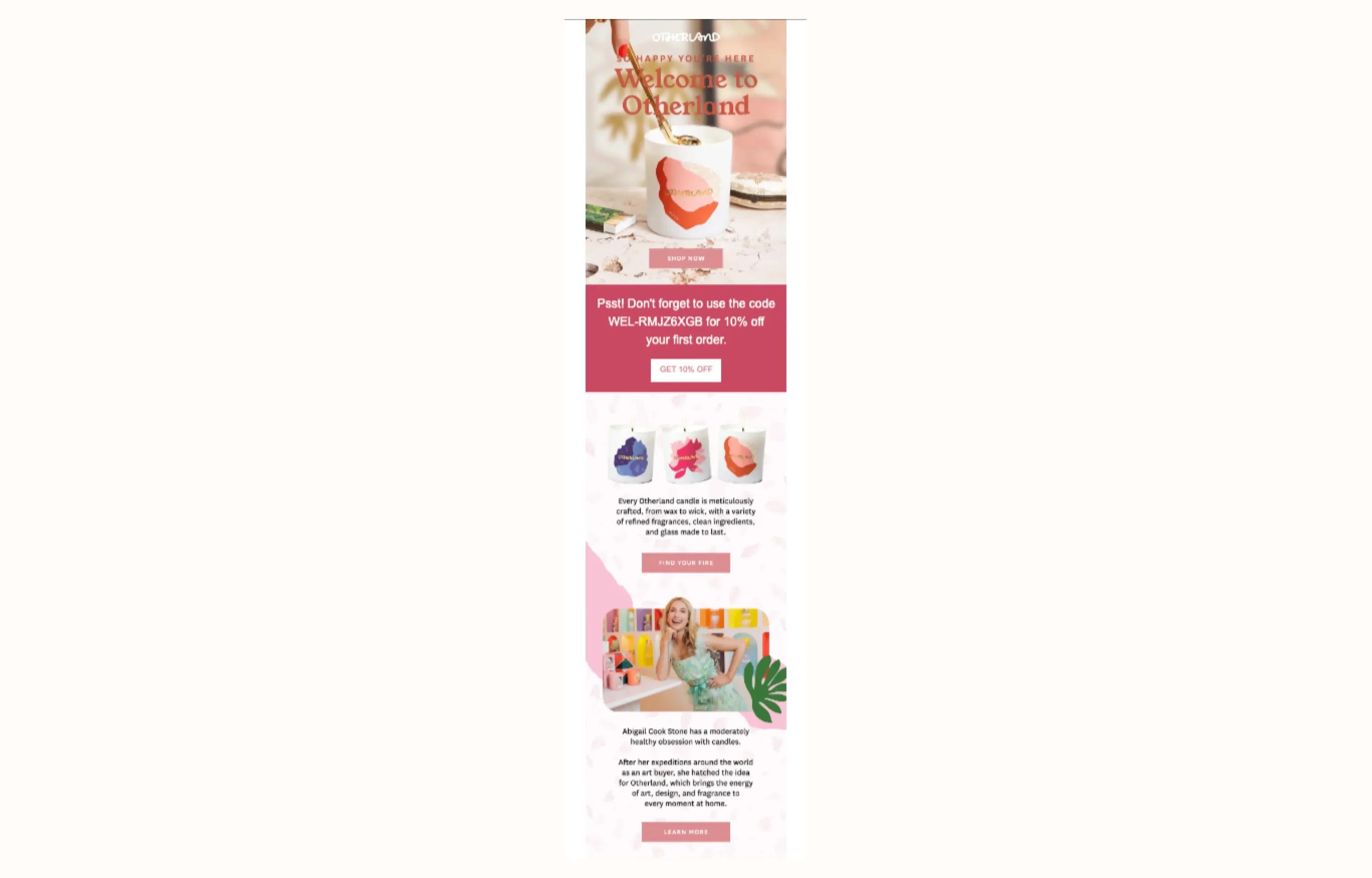 Promotional email for Otherland candles, featuring a welcome message, discount code, candle images, and a description of the brand.
