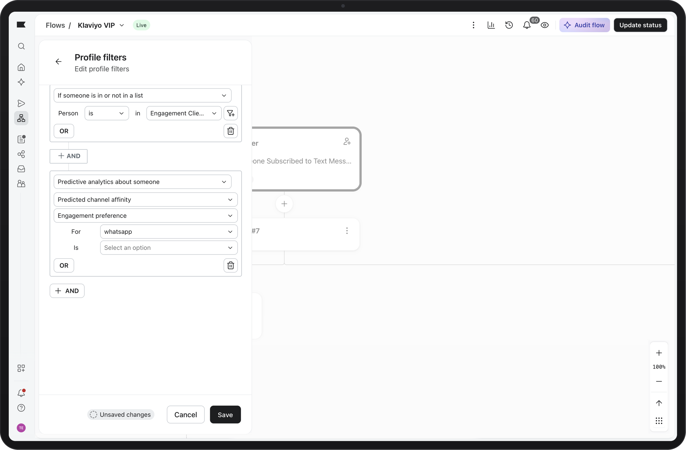A "Profile filters" panel in a software interface, displaying filter options for list membership and WhatsApp engagement preferences.