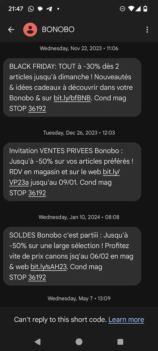SMS promotionnel de Bonobo : « SOLDES Bonobo c’est partiii : Jusqu’à -50% sur une large sélection ! Profitez vite de prix canons jusqu’au 06/02 en mag & web bit.ly/sAH23. Cond mag STOP 36192 ».