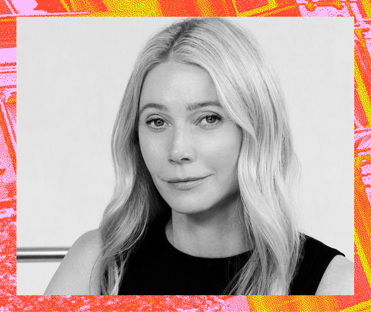 Black and white portrait of Gwyneth Paltrow, bordered by a vibrant textured frame.