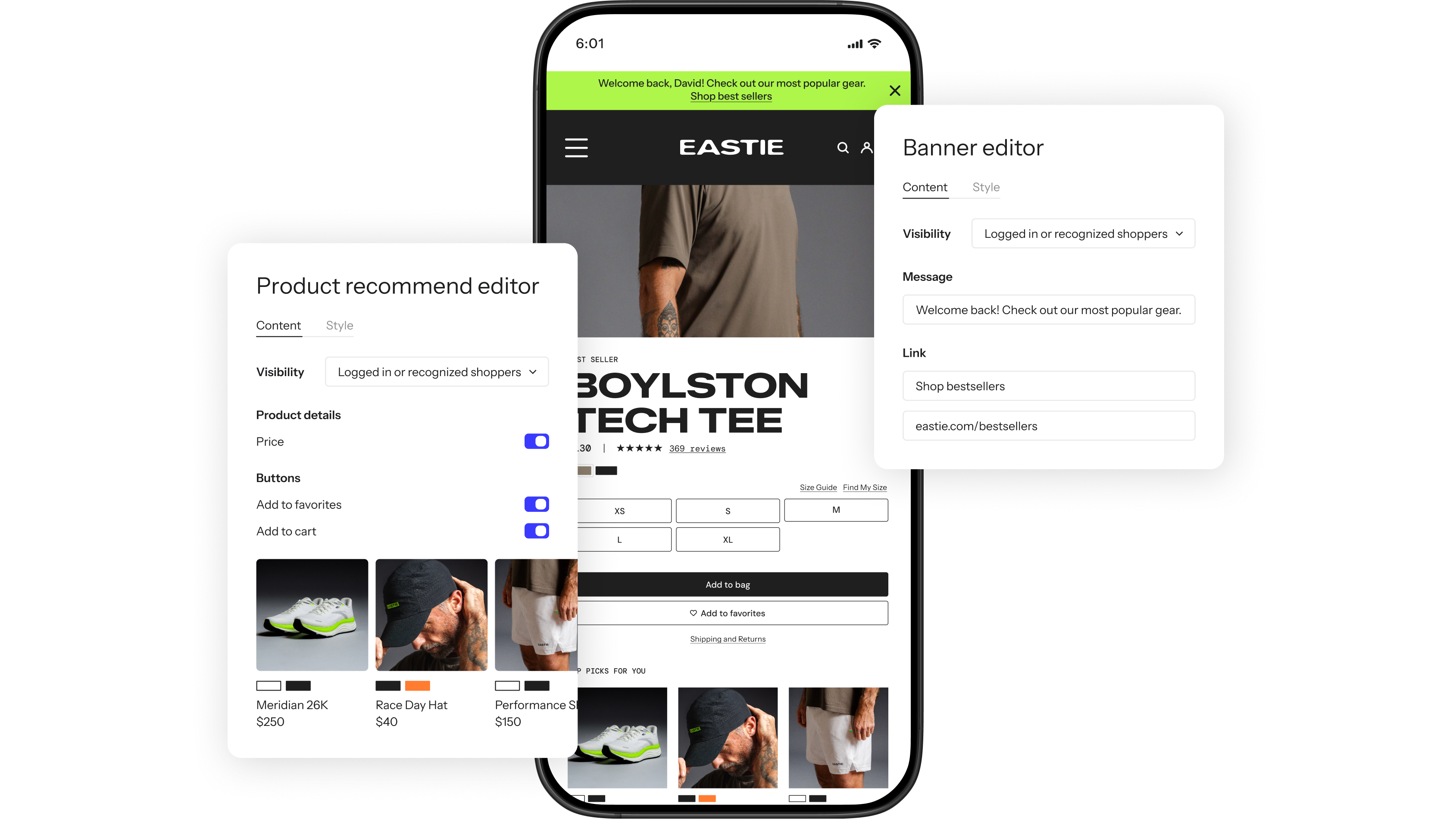 Mobile storefront with product recommendation and banner editor panels for personalized shopping content.