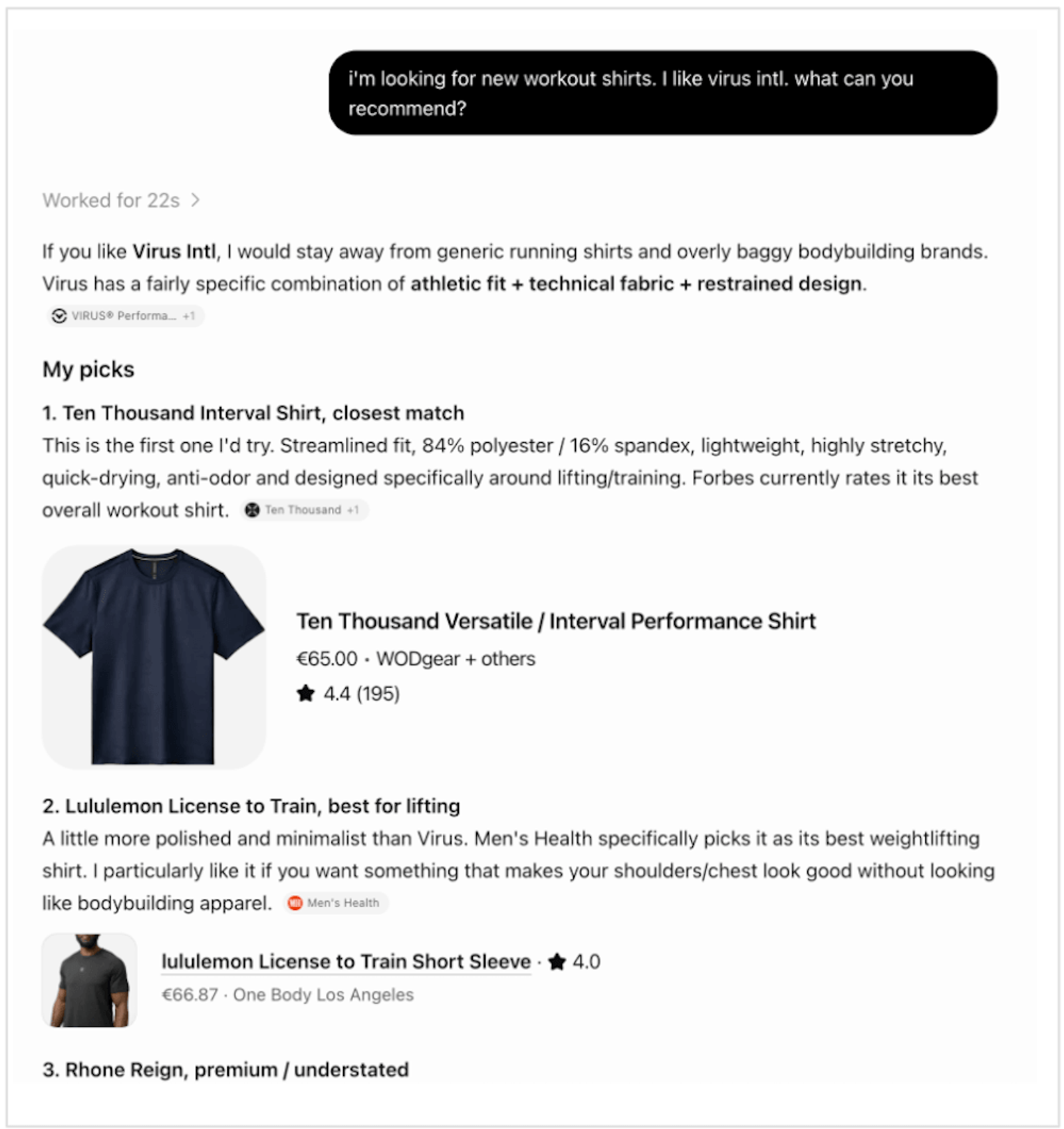 Screenshot of an AI assistant responding to a prompt for workout shirt recommendations similar to Virus Intl, featuring a top match recommendation for the Ten Thousand Interval Performance Shirt with product details, pricing, and ratings.