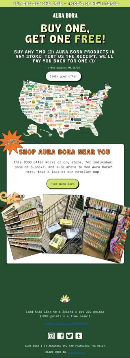 Image shows a marketing email from Aura Bora that offers BOGO free if shoppers buy their products in store.