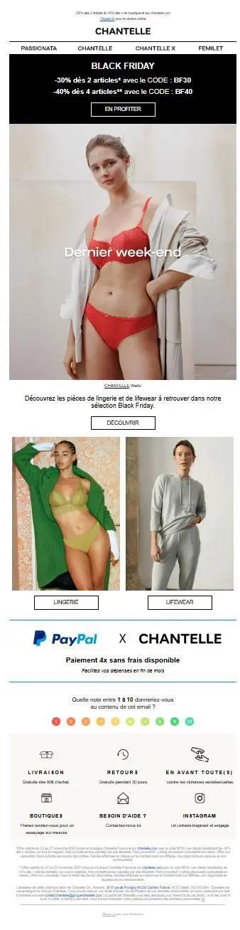 Newsletter Chantelle Black Friday avec remises jusqu’à -40 %, visuels de lingerie et loungewear, codes promo BF30 et BF40, services PayPal et options de livraison.
