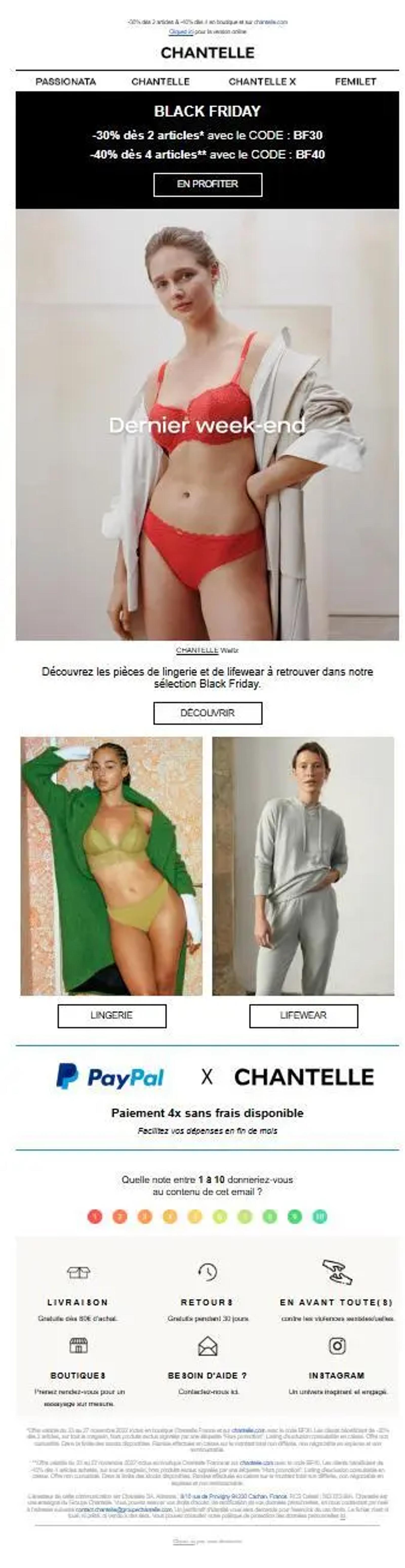 Newsletter Chantelle Black Friday avec remises jusqu’à -40 %, visuels de lingerie et loungewear, codes promo BF30 et BF40, services PayPal et options de livraison.