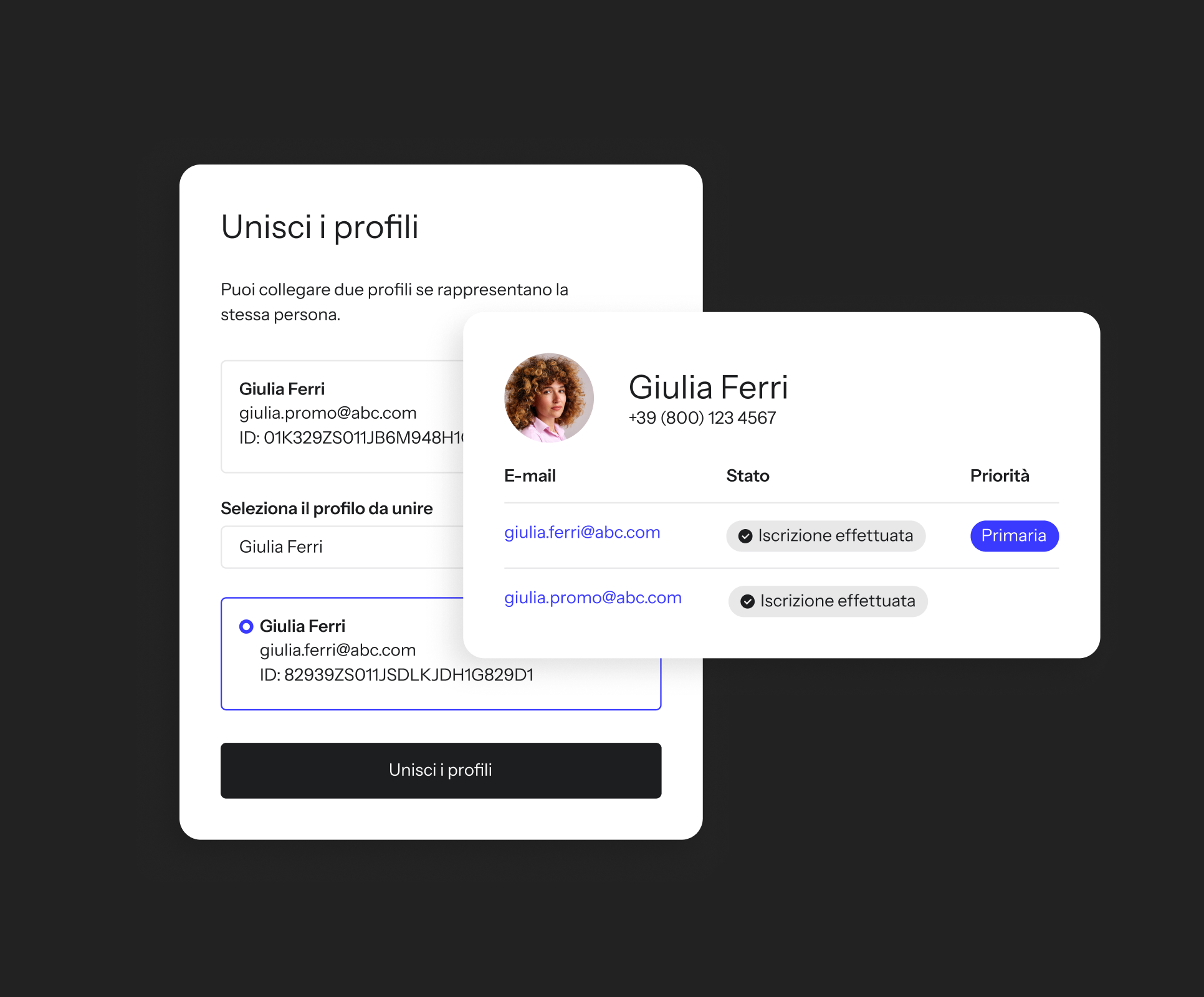 The Klaviyo "Merge profile" interface combining two Jane Foster profiles into one, with jane.foster@abc.com set as the primary email and jane.promos@abc.com as a secondary, both subscribed.