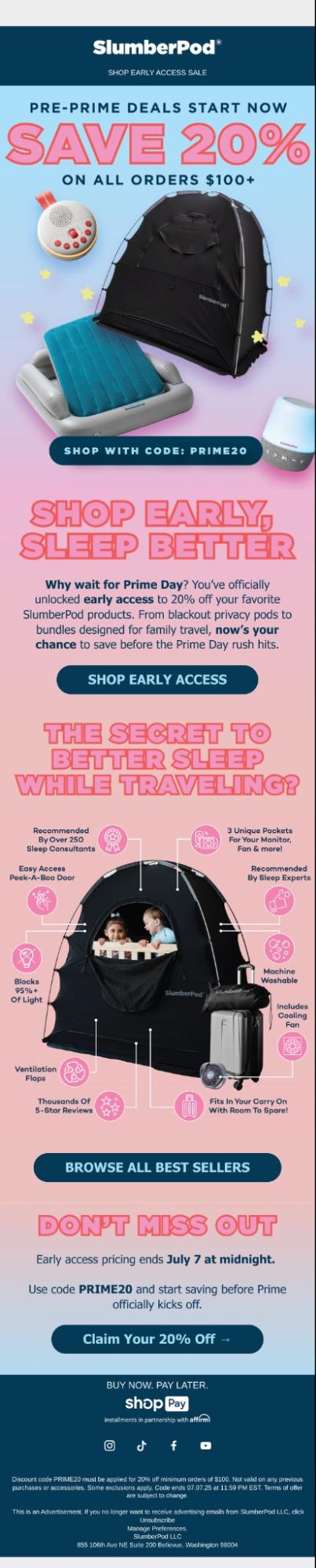 Image shows a marketing email from SlumberPod, showcasing their SlumberPod sleep tent, toddler inflatable mattress, sound machine, and night light against a blue and pink gradient. The email copy promotes the brand’s pre-Prime Day deals, offering 20% all orders over $100 on their own website.