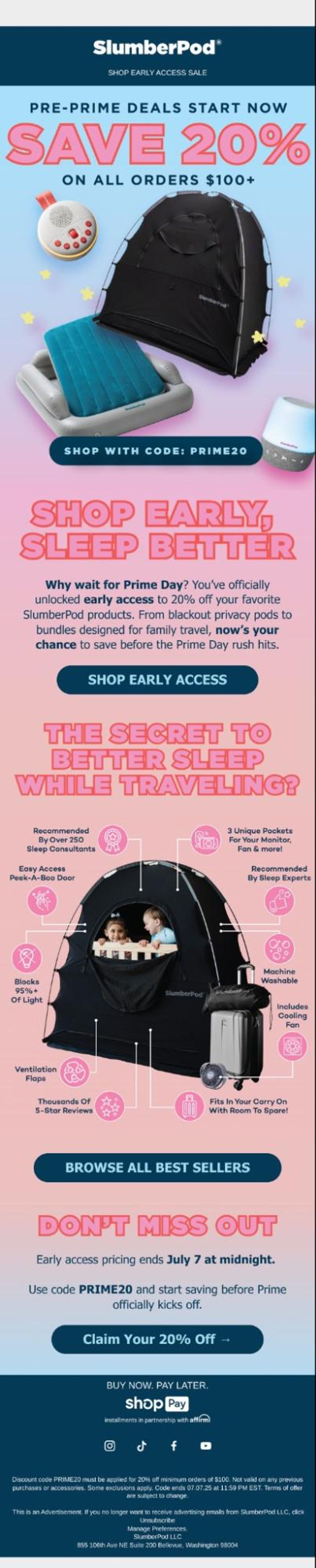 Image shows a marketing email from SlumberPod, showcasing their SlumberPod sleep tent, toddler inflatable mattress, sound machine, and night light against a blue and pink gradient. The email copy promotes the brand’s pre-Prime Day deals, offering 20% all orders over $100 on their own website.