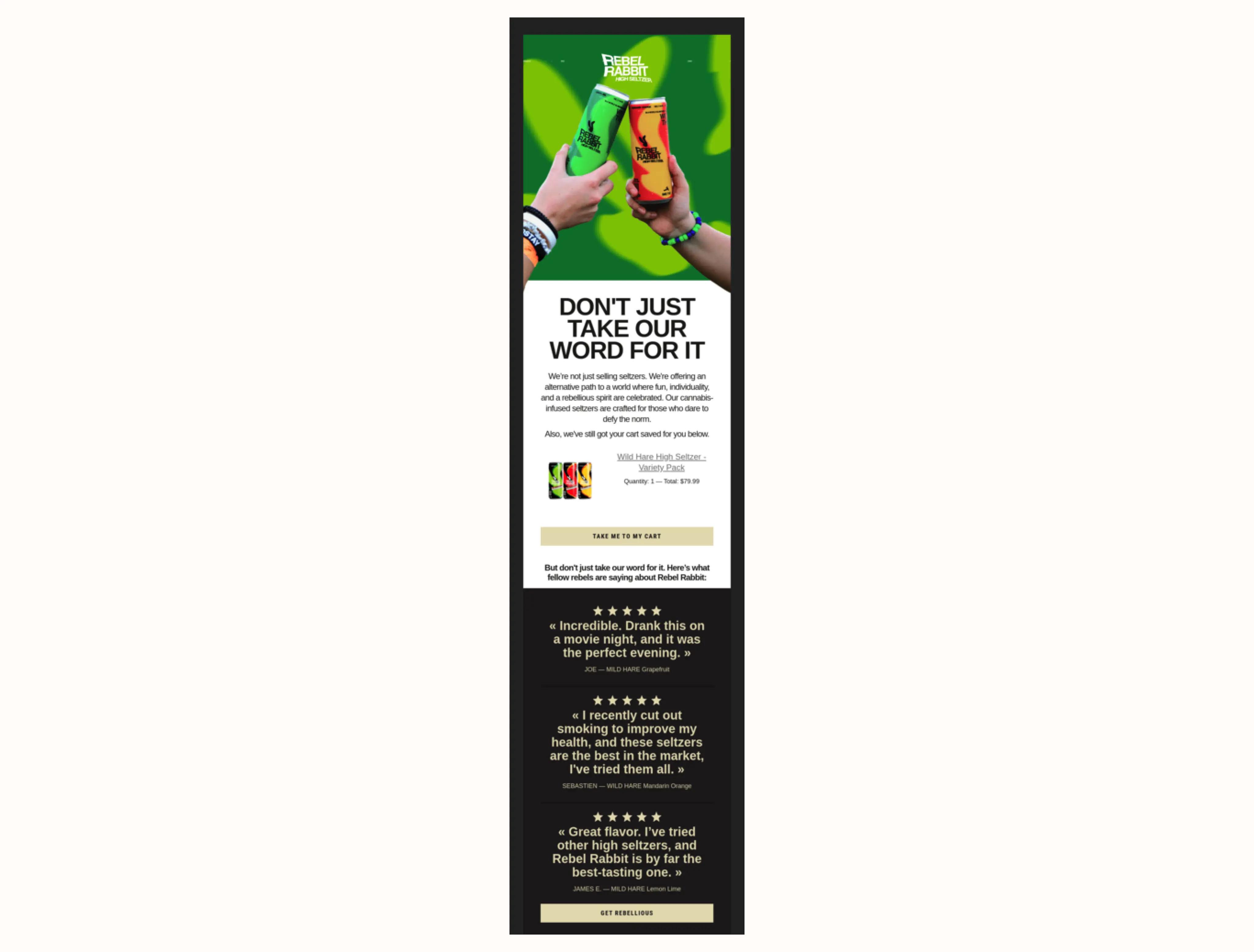 Image shows 2 hands clicking 2 cans of Rebel Rabbit seltzer together. One can is green and blue, and the other is orange and red, both against a green background. Underneath is an image and a product description for a seltzer pack, with 3 customer reviews and star rating underneath against a brown background.