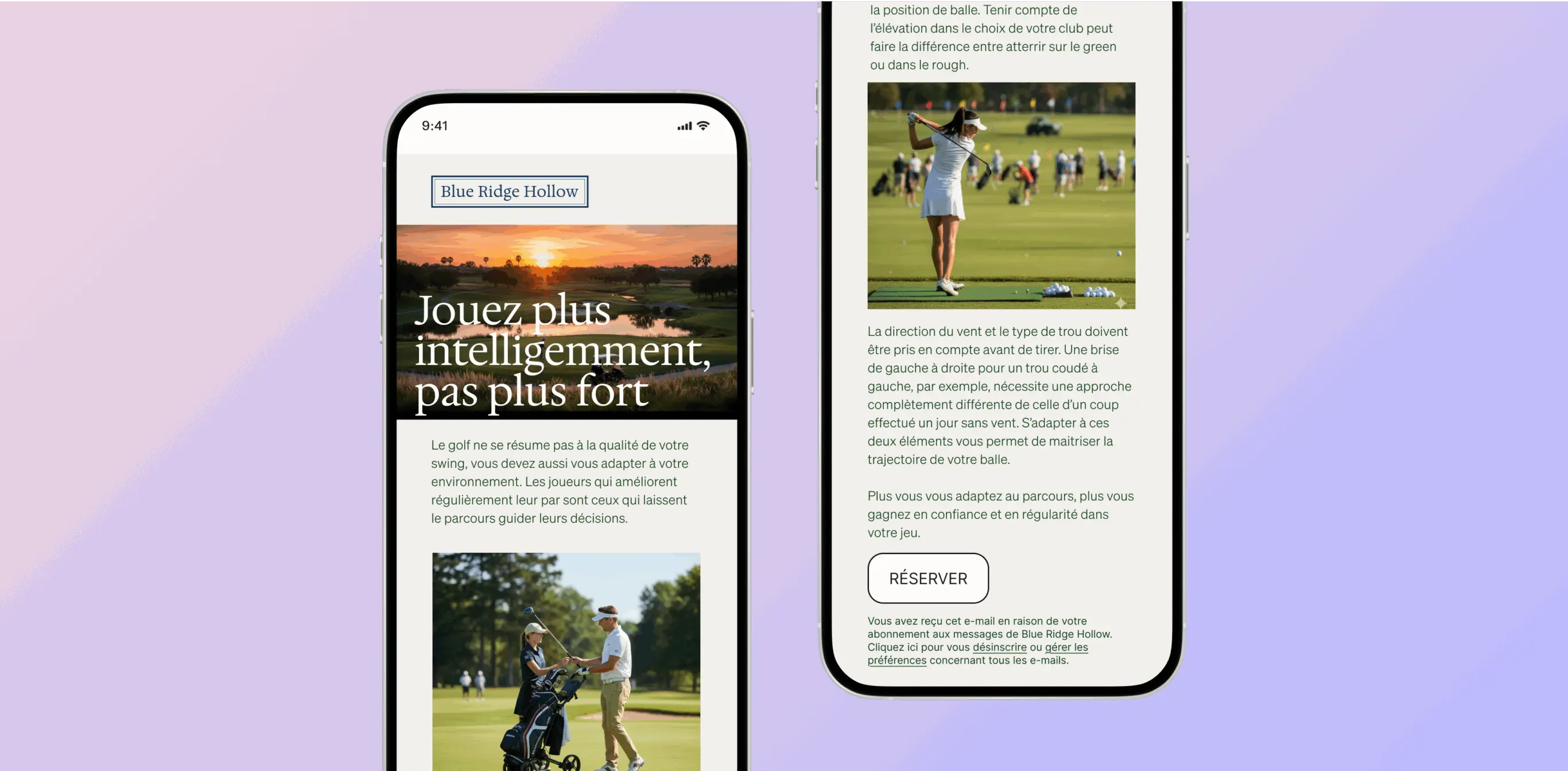 Deux écrans de smartphone affichant un site web sur le golf, avec le texte "Jouez plus intelligemment, pas plus fort".
