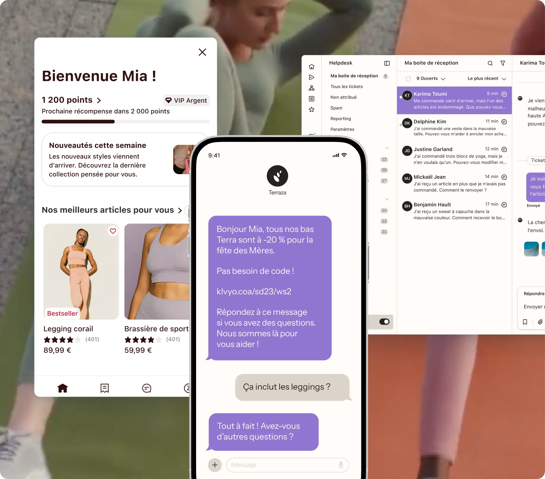 Écrans d’appareil mobile et d’ordinateur montrant une application d’achat et une application de messagerie. L’application d’achat affiche des leggings et l’application de messagerie montre une conversation à propos d’une offre de réduction.