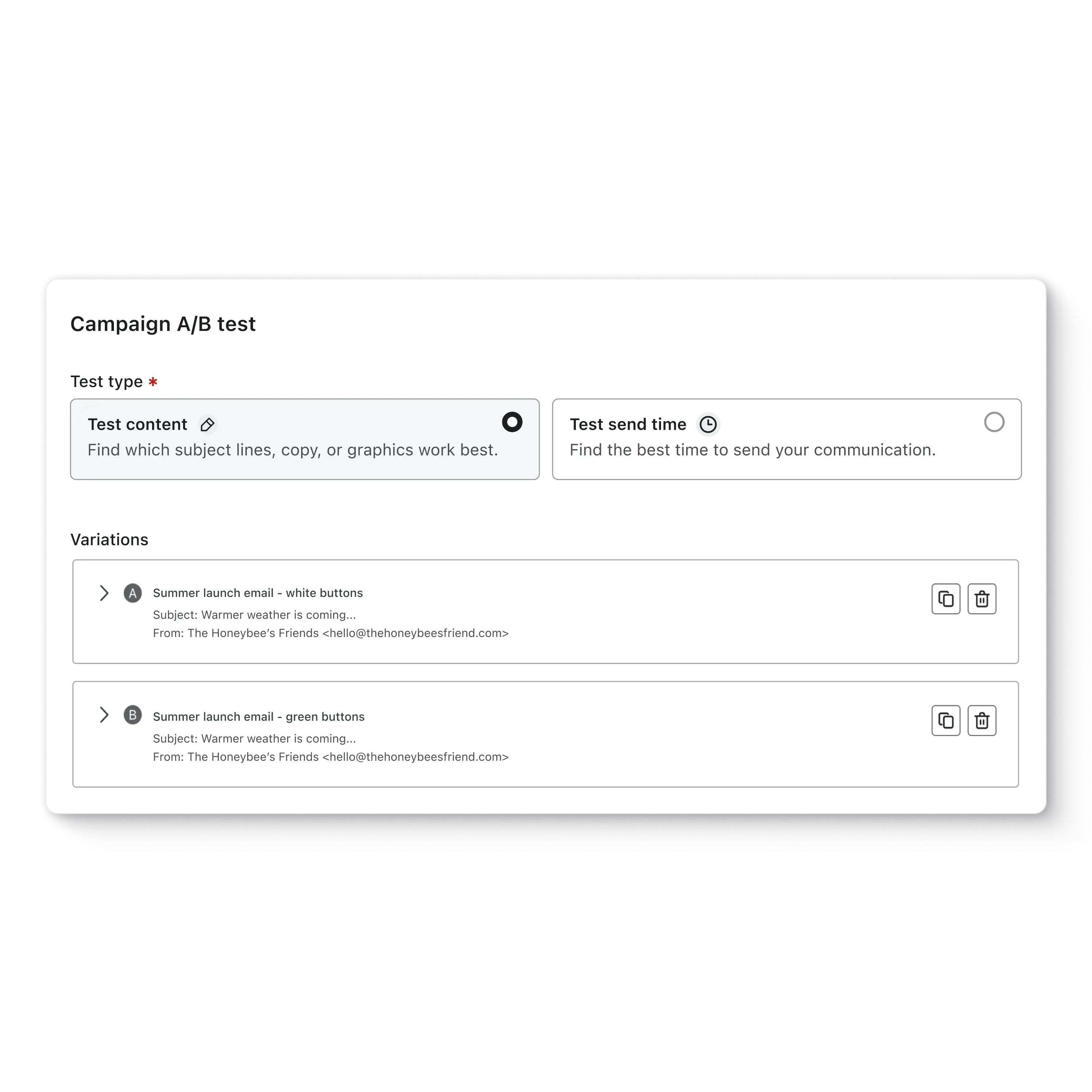 A/B test your email subject lines and content in platform