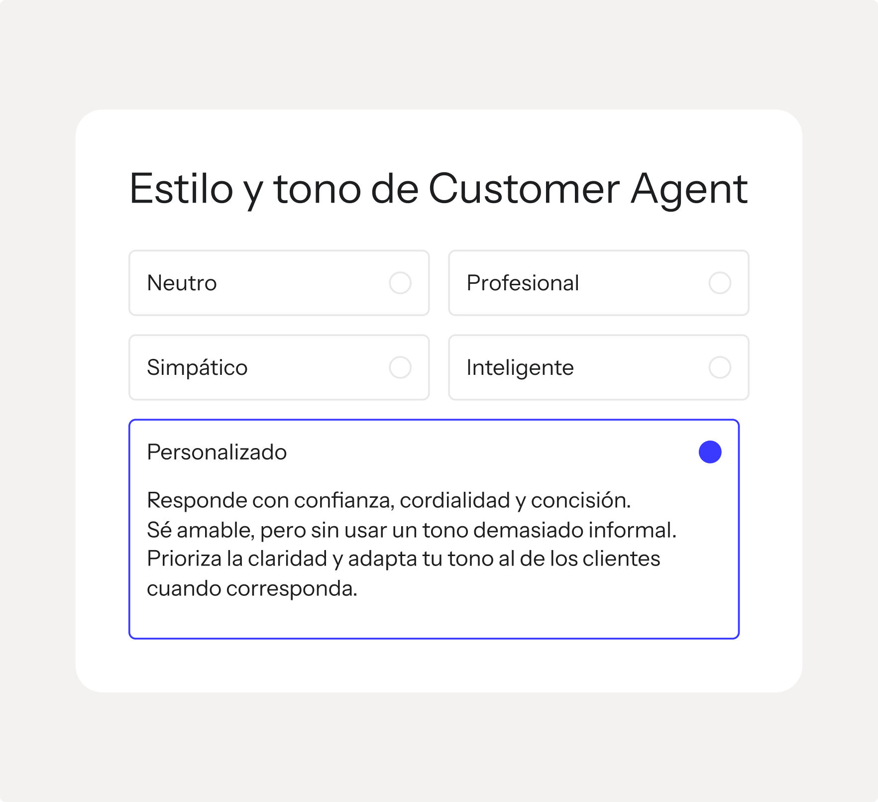User interface for selecting a Customer Agent's style and tone, with "Personalized" chosen and its description visible.