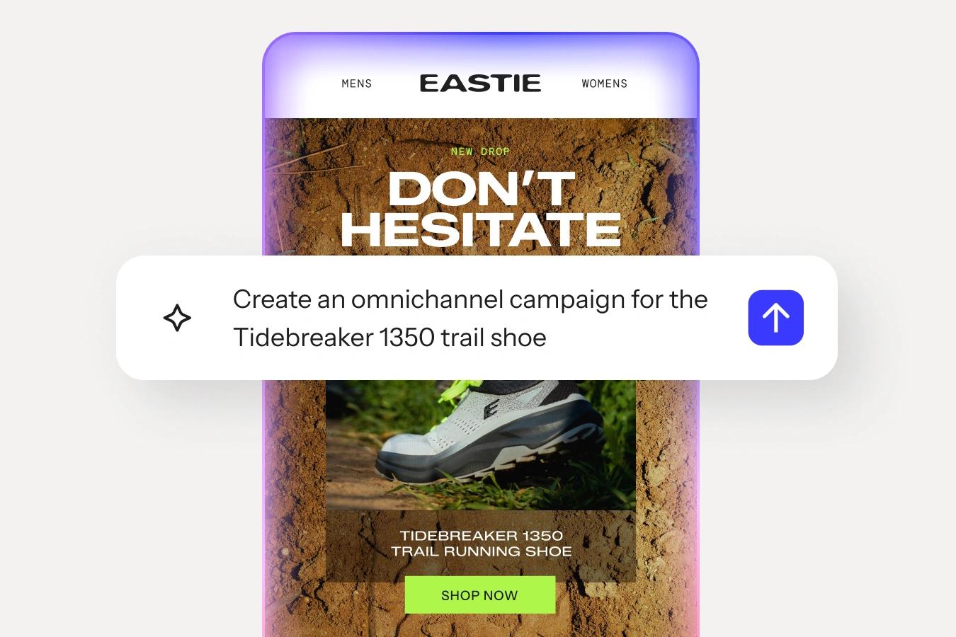 AI prompt overlays an Eastie trail shoe campaign displayed on a glowing mobile screen.