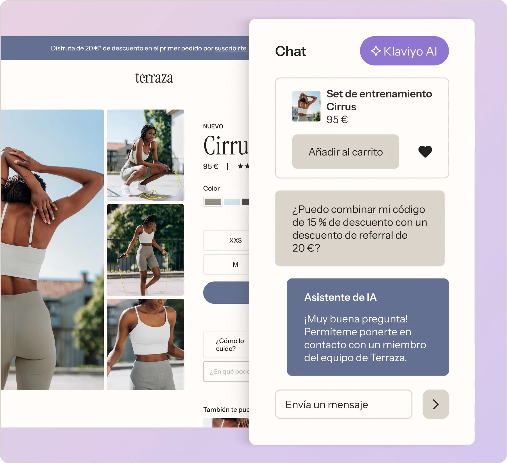 Página de producto de ropa deportiva con chat de asistencia de IA. Incluye imágenes de una mujer haciendo ejercicio y opciones de compra.