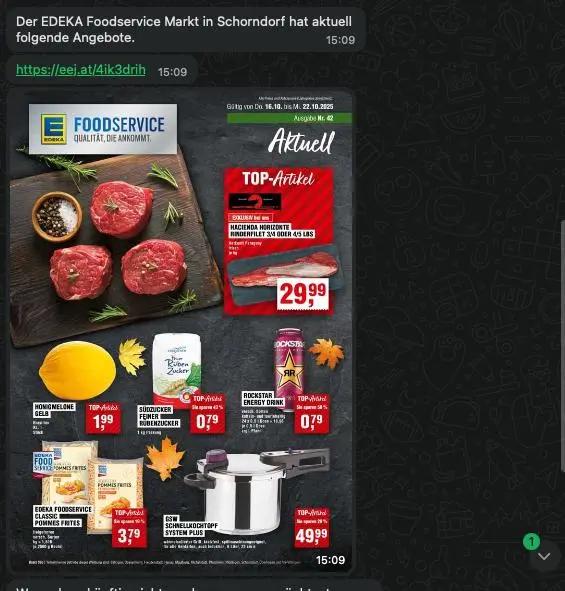 EDEKA Foodservice-Angebote mit Fleisch, Getränken, Zucker, Kürbis und Schnellkochtopf. Preise und Artikel auf schwarzem Hintergrund.