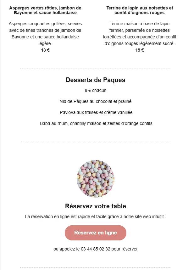 Suite du menu de Pâques avec des entrées et desserts. Une image de petits œufs en sucre accompagne un appel à la réservation avec un bouton rouge et un numéro de téléphone.
