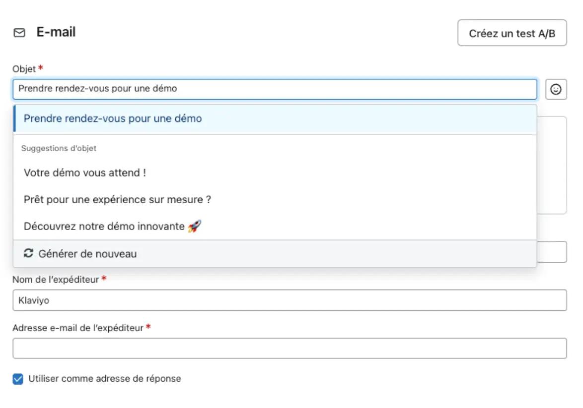Interface d’édition d’un e-mail montrant le champ « Objet » avec des suggestions d'objets générées par Klaviyo AI: « Votre démo vous attend ! », « Prêt pour une expérience sur mesure ? », « Découvrez notre démo innovante ».