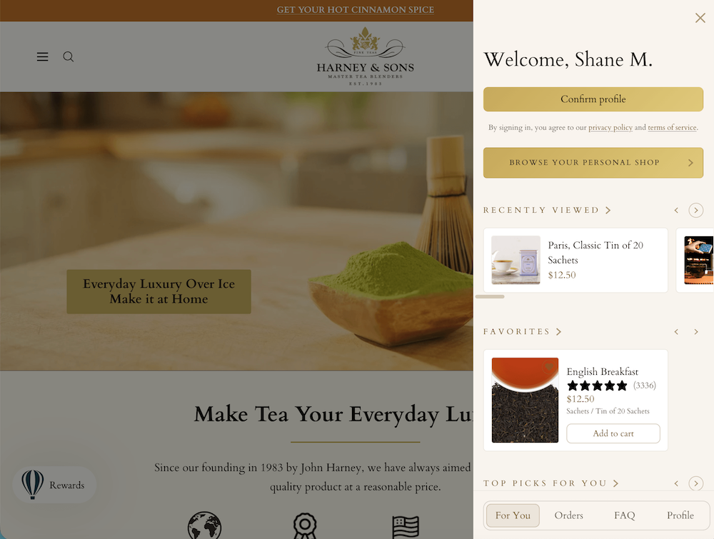 Screenshot of the Harney & Sons tea website featuring matcha powder and a user's welcome panel.