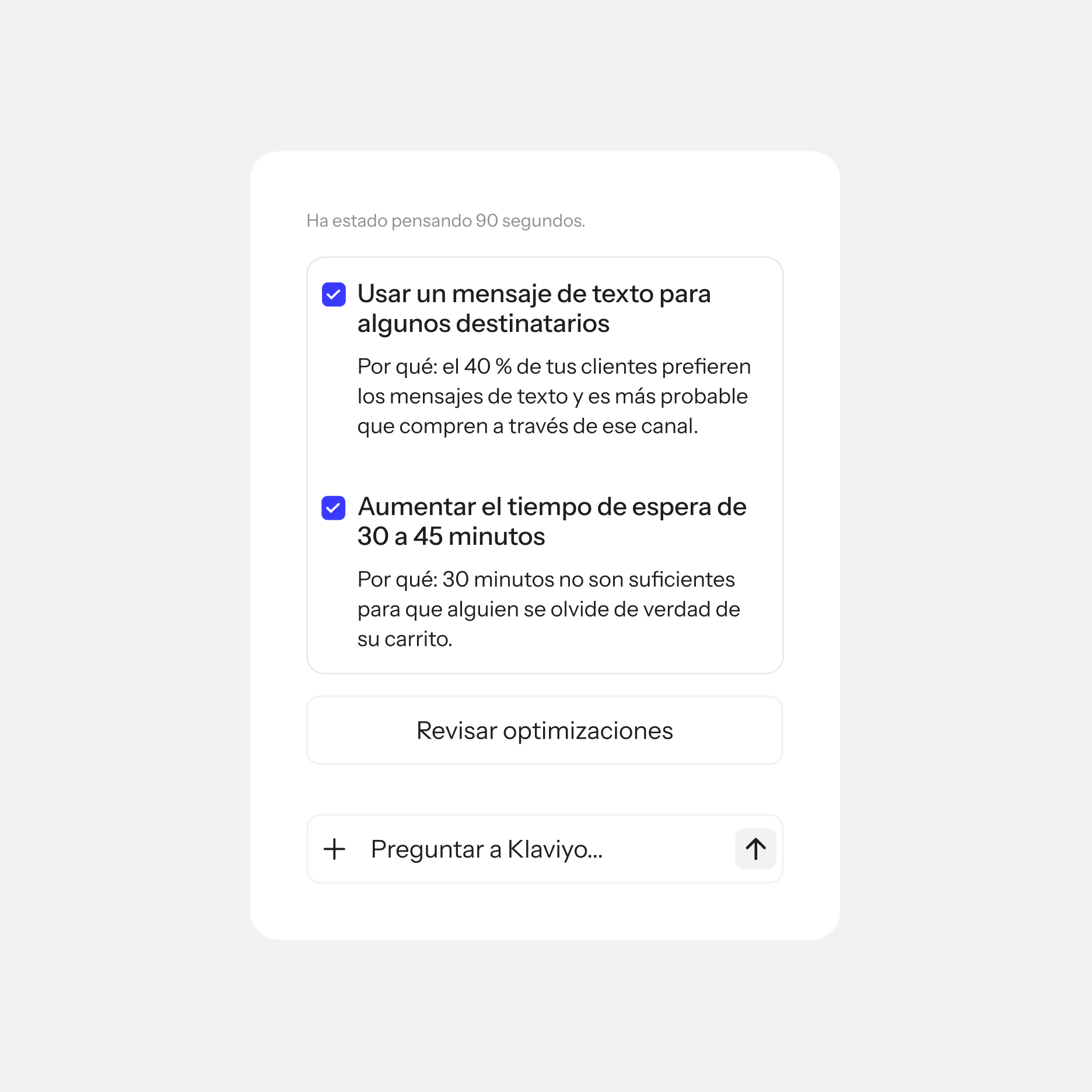 A white card displaying two checked marketing optimization suggestions: using text messages and increasing abandoned cart wait time from 30 to 45 minutes.