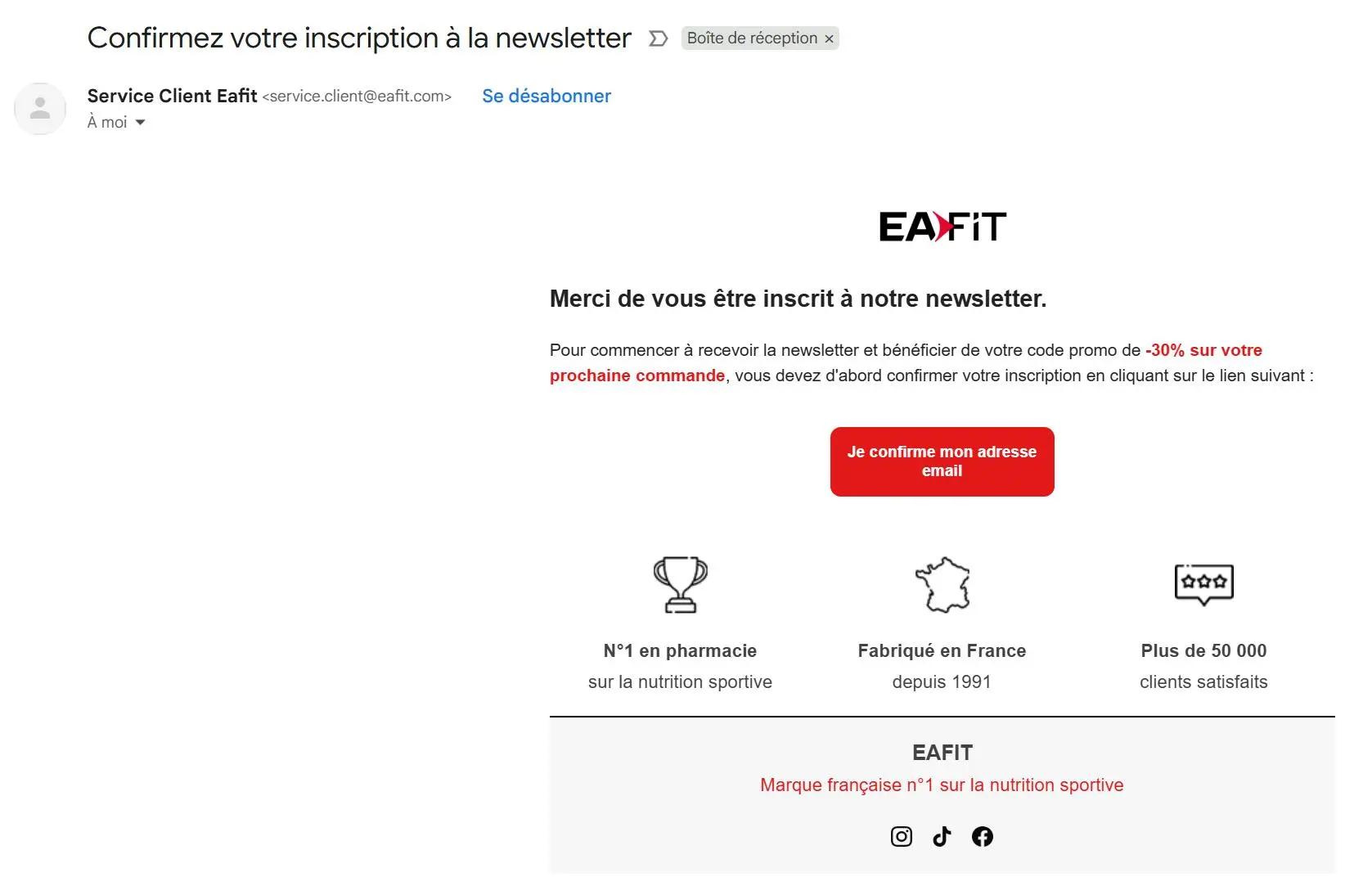 Email de confirmation d'inscription à la newsletter EAFIT, avec un bouton pour confirmer l'adresse email et une offre de réduction.