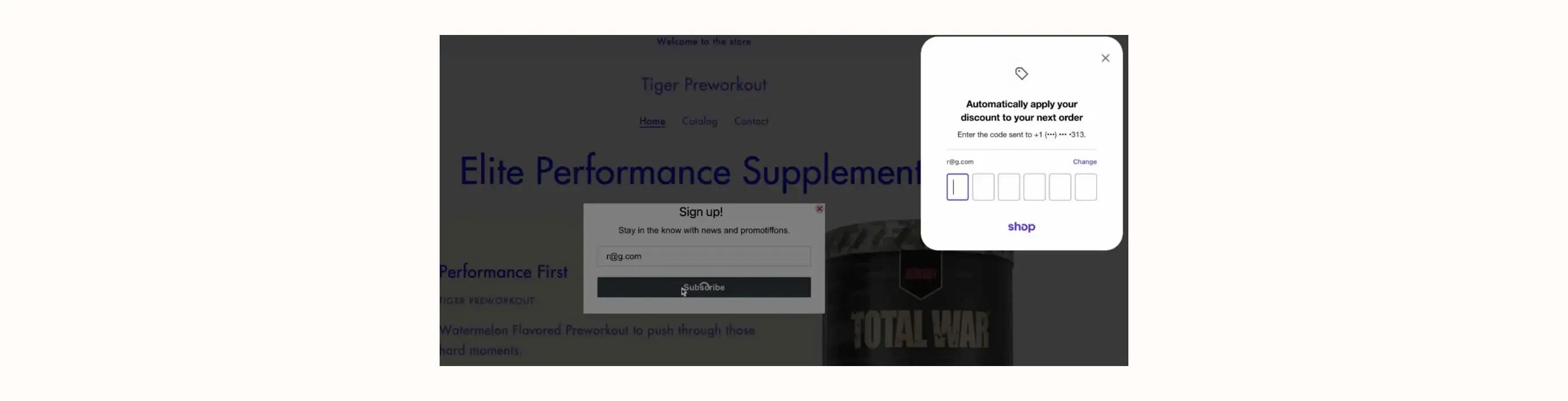 Anmeldeformular für Newsletter und Rabattcode-Eingabe auf einer Webseite für Nahrungsergänzungsmittel.