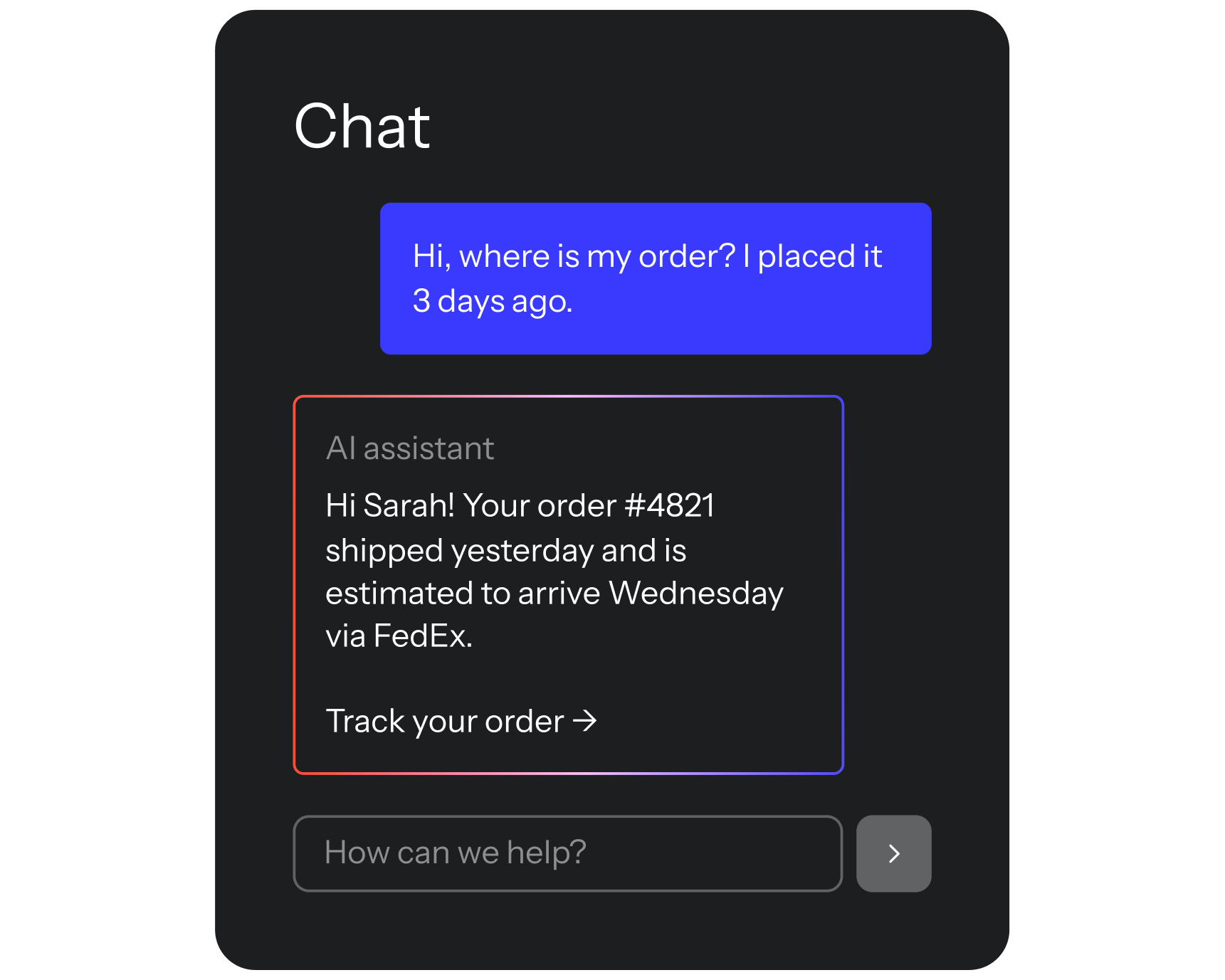 Chat interface showing a customer asking about an order status, with an AI assistant providing shipping details, delivery estimate, and a link to track the order.
