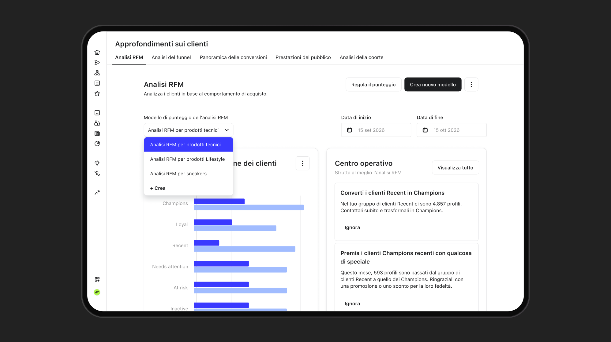 RFM customer analysis dashboard showing an open dropdown menu to select analysis by product type.