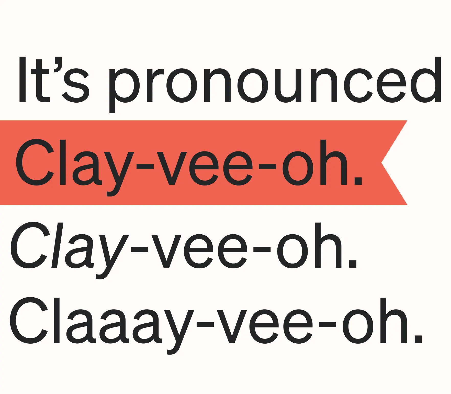 Graphic clarifying Klaviyo's pronunciation with bold text: "It’s pronounced Clay-vee-oh," with variations below.