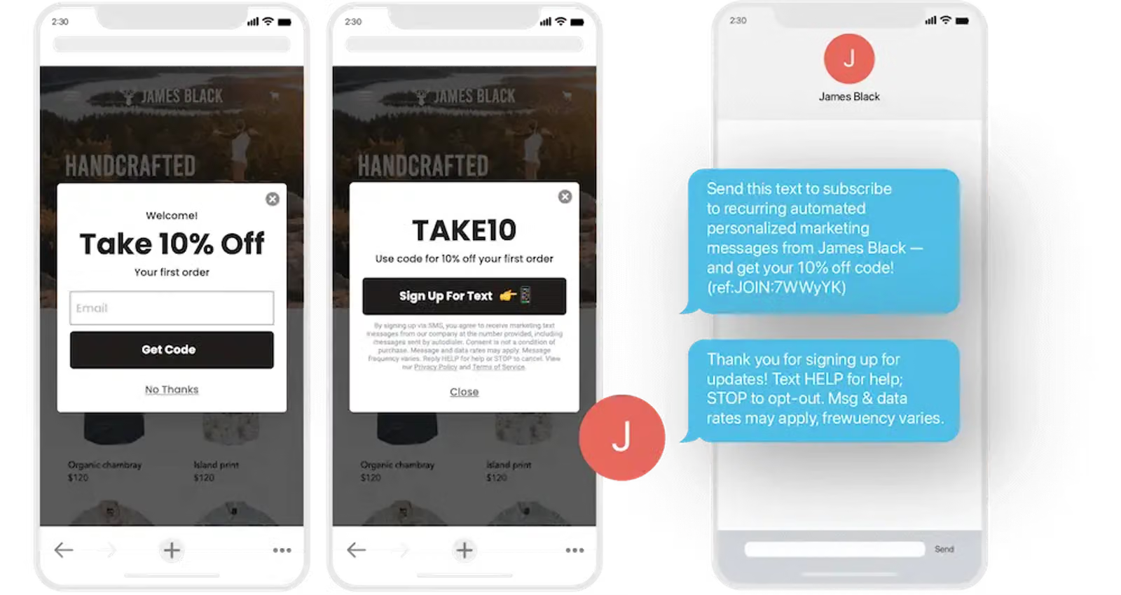 Image shows an example of a multi-step sign up form that asks for an email address on the first screen and offers a click-to-text option for SMS subscription on the second screen.