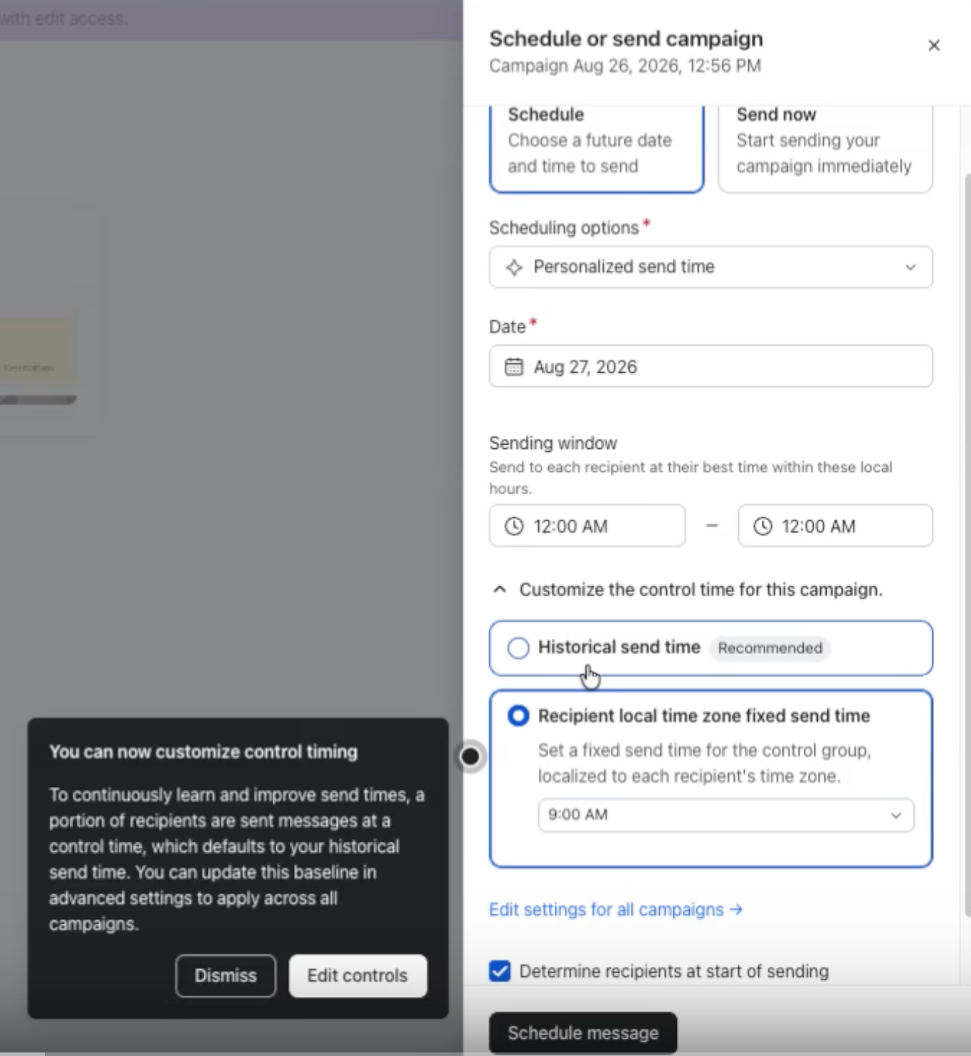 A campaign scheduling dialog with "Recipient local time zone fixed send time" selected for 9:00 AM, and a popup introducing customizable control timing.