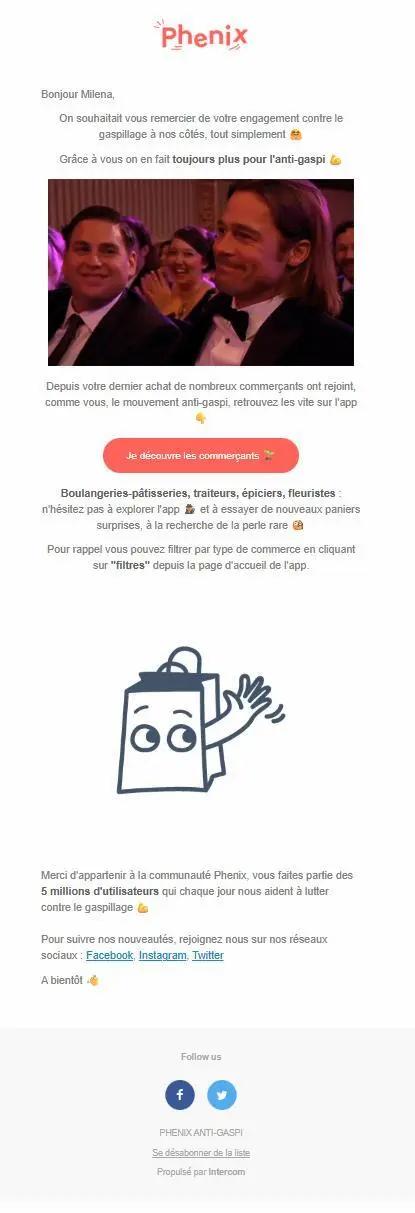 Capture d’écran de l’e-mail Phenix remerciant le client de son engagement anti-gaspillage et invitant à découvrir de nouveaux commerçants locaux.