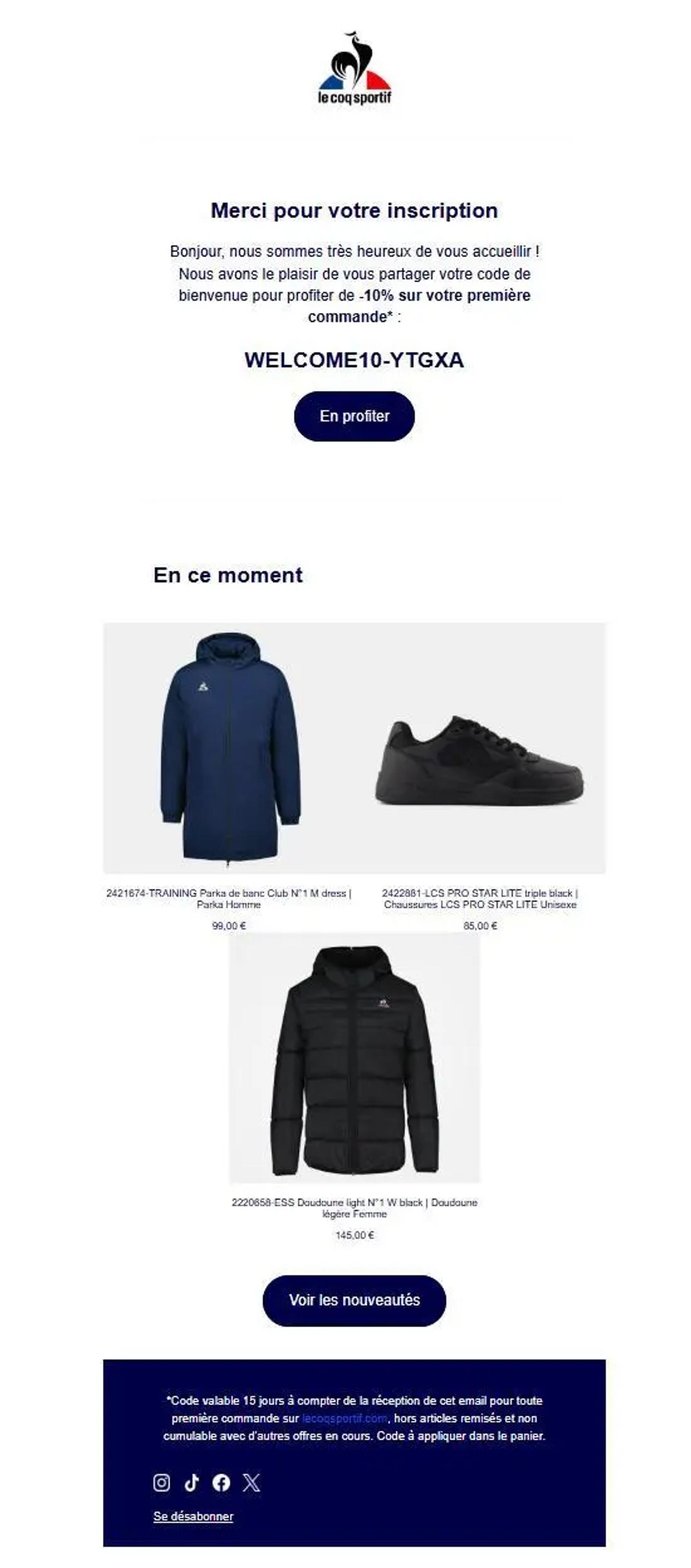 Capture d’écran de l’e-mail de bienvenue Le Coq Sportif avec l’objet "Votre offre de bienvenue", proposant un code de réduction de 10 % et des recommandations de produits pour inciter à l’achat.
