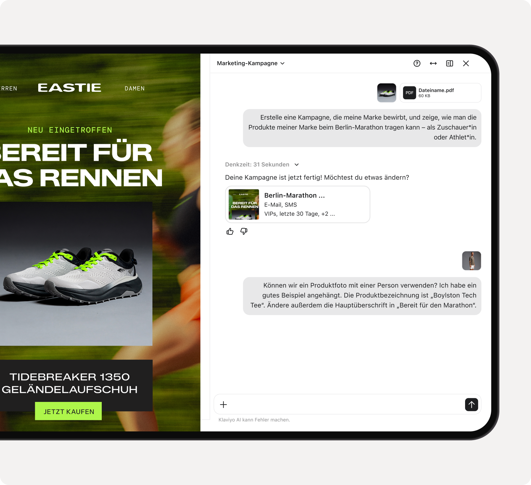 Digital tablet displaying a running shoe advertisement on one side and an AI assistant generating a marketing campaign on the other.